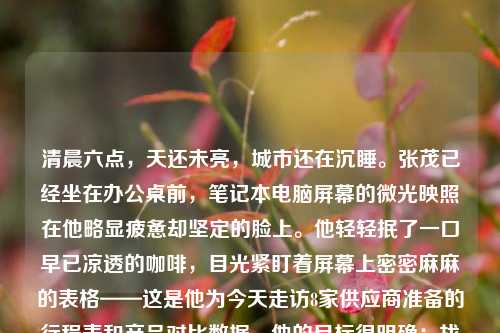 清晨六点，天还未亮，城市还在沉睡。张茂已经坐在办公桌前，笔记本电脑屏幕的微光映照在他略显疲惫却坚定的脸上。他轻轻抿了一口早已凉透的咖啡，目光紧盯着屏幕上密密麻麻的表格——这是他为今天走访8家供应商准备的行程表和产品对比数据。他的目标很明确：找到那款即将引爆市场的爆品麦克风。